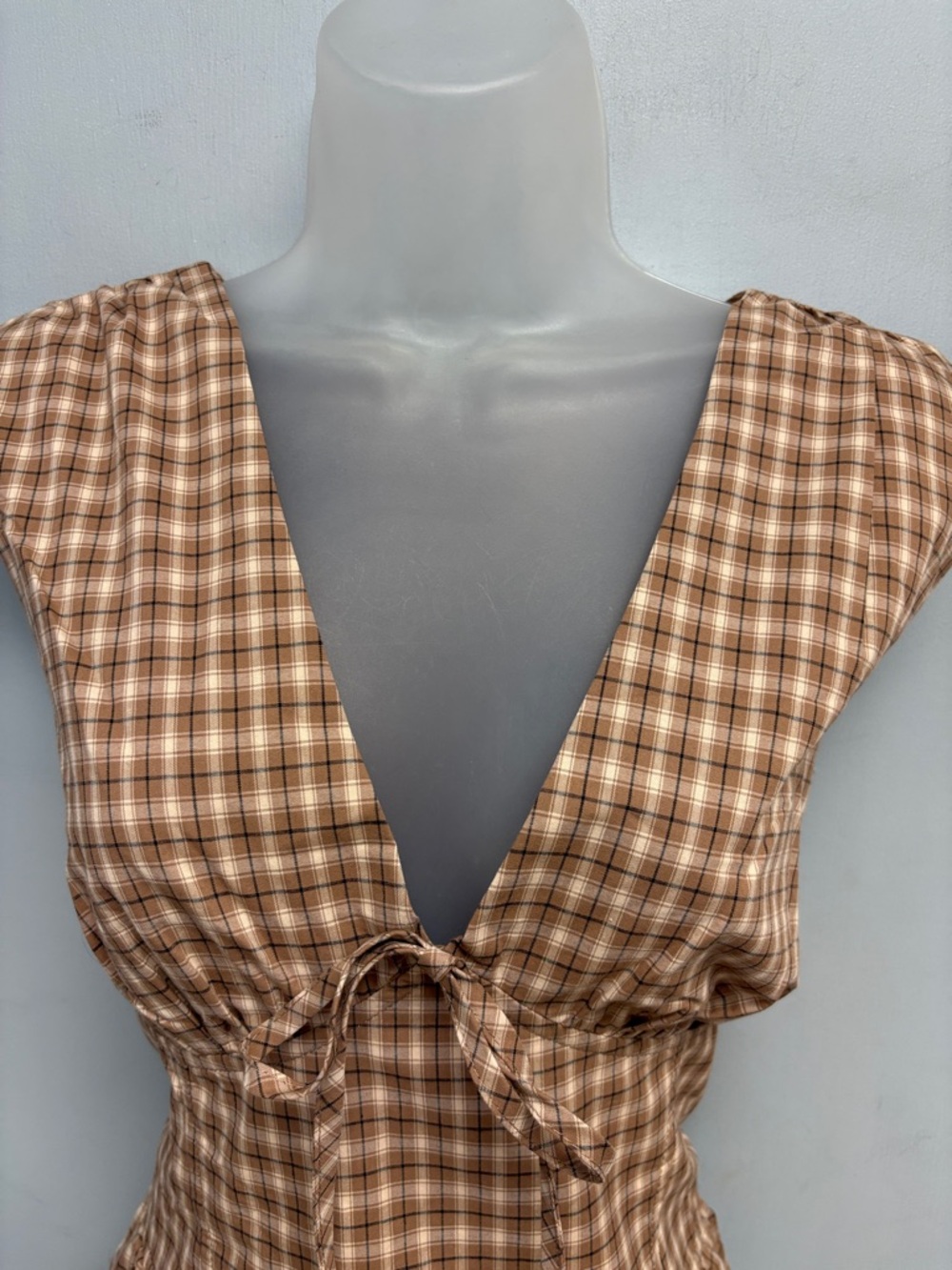 Pink Lily Brown Plaid Cotton Mini Dress Tie Front Cottagecore XL - Picture 2 of 11
